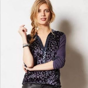 Anthropologie TINY “Vaha” Purple Burnout Velvet Leopard Pattern Blouse + Sequins